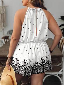 SHEIN VCAY Bộ áo liền quần mùa hè cỡ lớn in hoa, thắt eo, cổ yếm - Nhiều màu - Xem 2