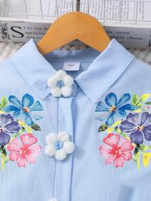 SHEIN Girls Floral Print Collared Open Front Puff Sleeve Dress With Belt Summer Holiday - Blue - View 4