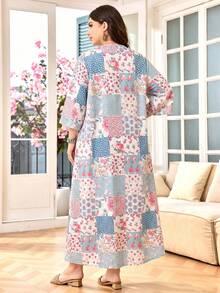 Lacomfia Plus Size Short Sleeve A-Line Casual Western Cottage Core Boho Printed Dress For Women Autumn Blue And White Brunch Vacation Bussines - Multicolor - View 2