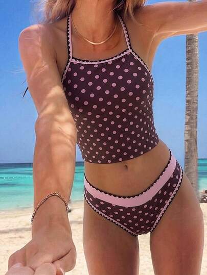 Swim SPRTY Bộ đồ bơi mùa hè dành cho nữ, gồm áo tankini họa tiết hoa và chấm bi ngẫu nhiên (giúp thon gọn vòng bụng) và quần tankini, trang trí vỏ sò, kiểu áo hai dây.