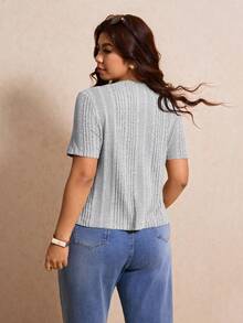 Elaquor Plus Size Women's Solid Color Single-Breasted Casual Versatile Daily Wear Short Sleeve T-Shirt - Grey - View 3