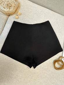 SHEIN Franclia Shorts casuales de mujer de unicolor con cremallera frontal y central, nueva colección de primavera/verano - Negro - Ver 2