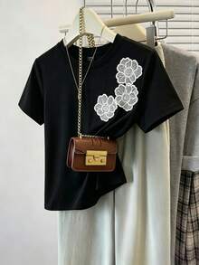 SHEIN Frenchy Áo thun nữ tay ngắn cổ tròn dáng rộng màu đen, chất liệu lưới trắng 3D thanh lịch, họa tiết hoa thêu - Thích hợp cho mùa xuân/hè và các hoạt động thể thao. - màu đen - Xem 6