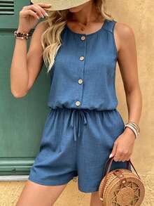 SHEIN Holidaya Casual Minimalist Solid Color Textured Round Neck Open-Front Elastic Waist Romper For Women - Blue - View 3