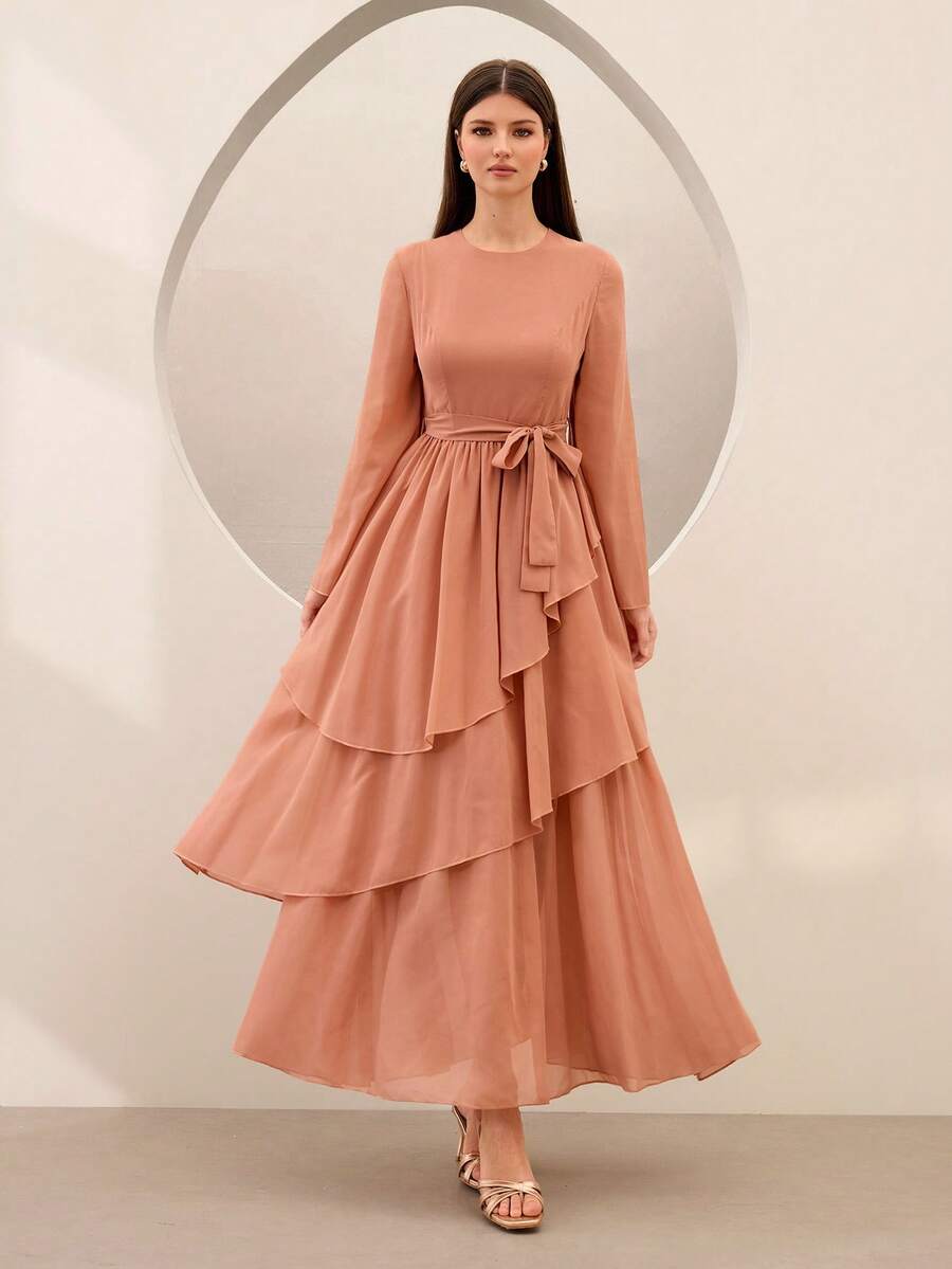 Graceveil Elegant Chiffon Asymmetrical Flared Waist Dress - Pink - View 1