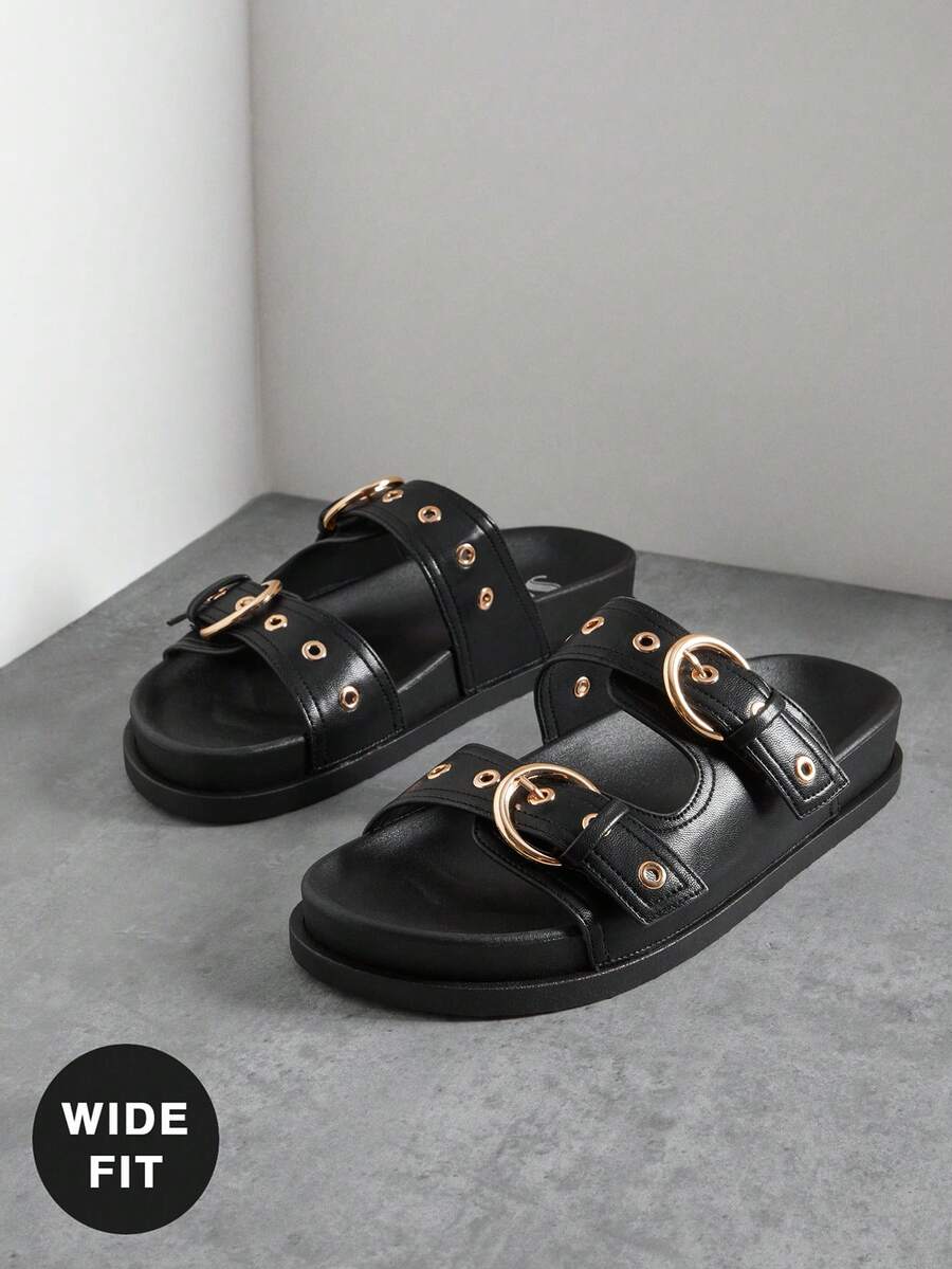 SHUZIA Women's Wide-Fit Replica Superior Comfort Buckled Double Strap Slip-On Flat Sandals - Black - View 1