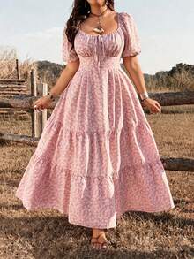 Ceyna Plus Size Dusty Pink Ditsy Floral Casual Boho Cottage Core Elegant Batwing Sleeve Dress, Spring/Summer Vacation Formal Vacation Vacation - Pink - View 1