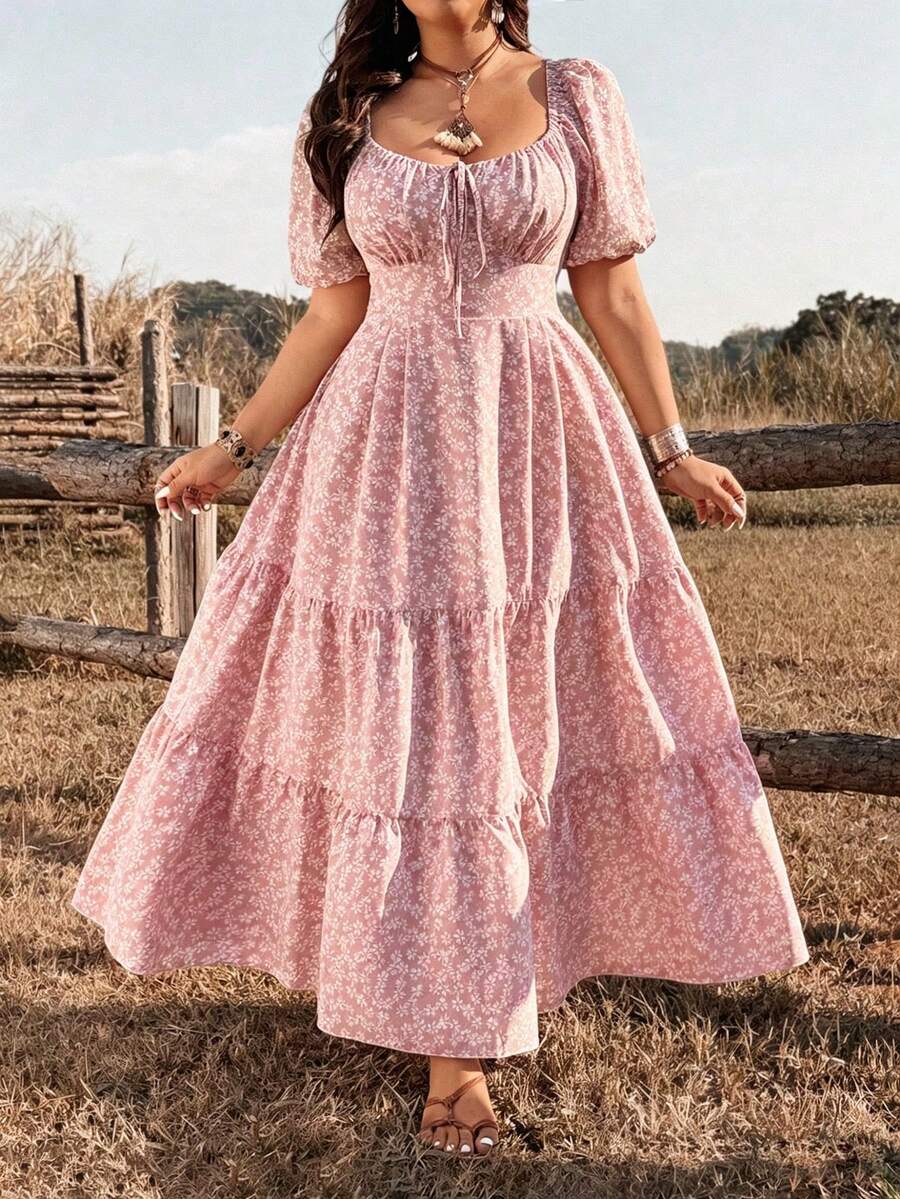 Ceyna Plus Size Dusty Pink Ditsy Floral Casual Boho Cottage Core Elegant Batwing Sleeve Dress, Spring/Summer Vacation Formal Vacation Vacation - Pink - View 1