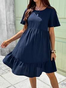 Boho Mama Umstandskleid Einfarbig mit rundem Ausschnitt, Kurzarm und Rüschensaum, Lässig - Blau - Übersicht 6