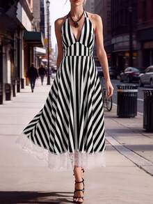 Editum Vestido de verano elegante de mujer con cuello en V halter, con parches de encaje a rayas - Blanco y Negro - Ver 6