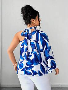 SHEIN Elenzya Áo kiểu thời trang thường ngày, thoải mái, phong cách Pháp cổ điển, thích hợp cho kỳ nghỉ xuân/hè, đi làm, cổ yếm, thắt nơ, in họa tiết hoa. - Màu xanh lam - Xem 2