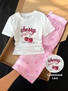 SHEIN Áo thun ngắn tay cổ tròn in hình quả anh đào cho bé gái tuổi teen, phối cùng quần ống rộng kẻ sọc có nơ hồng, trang phục thường ngày thoải mái cho cả đi học và đi nghỉ mát. - Hồng - Xem 8