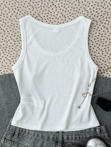 SHEIN Regata Ajustada com Decote em U Canelada e Decoração com Tachas para Adolescentes, Branca, Novo Lançamento de Verão - Branco - Visão 2