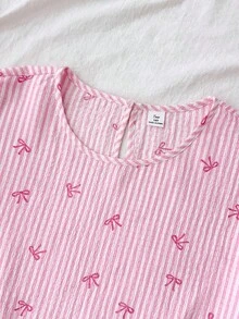 SHEIN 少女粉色条纹蝴蝶结印花休闲度假风短袖上衣和松紧腰短裤两件套，适合日常通勤、优雅场合、派对、约会、家庭聚会、毕业典礼、度假等。 - 粉色 - 查看 5