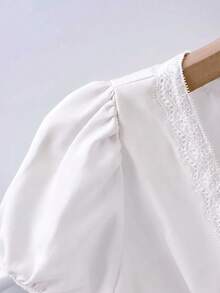 Blusa de cuello en V con volantes para vacaciones - Blanco - Ver 2