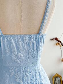 Vintamour Đầm nữ cổ điển thanh lịch, đầm jacquard ôm dáng mùa xuân/hè, đầm đính ngọc trai, đầm hai dây, đầm xòe, màu trắng sữa. - Màu xanh nhạt - Xem 5