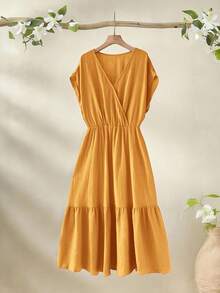 Rusticease Abito casual di mezza lunghezza a maniche corte, tinta unita, adatto per vacanze primaverili, comodo e casual, taglie comode - Giallo - Visualizzare 3
