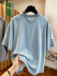 Resyla Áo thun nữ, chất liệu giả denim thêu họa tiết, áo thun in hình đính ngọc trai giả, áo thun cổ tròn dáng rộng, áo thun nữ thanh lịch, phù hợp mặc hàng ngày và hẹn hò. Áo thun ngắn tay nữ, trang phục mùa hè nữ, áo nữ mới nhất, áo thun thêu họa tiết bướm và hoa. - Nhiều màu - Xem 2
