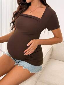 SHEIN Maternity Casual Solid Color Square Neck Fitted Short Sleeve T-Shirt, Summer - Brown - View 8