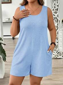 SHEIN LUNE Rompi Tanpa Lengan Kasual Wanita Ukuran Besar Warna Polos Leher Bulat dengan Kantong - Baby Blue - View 3
