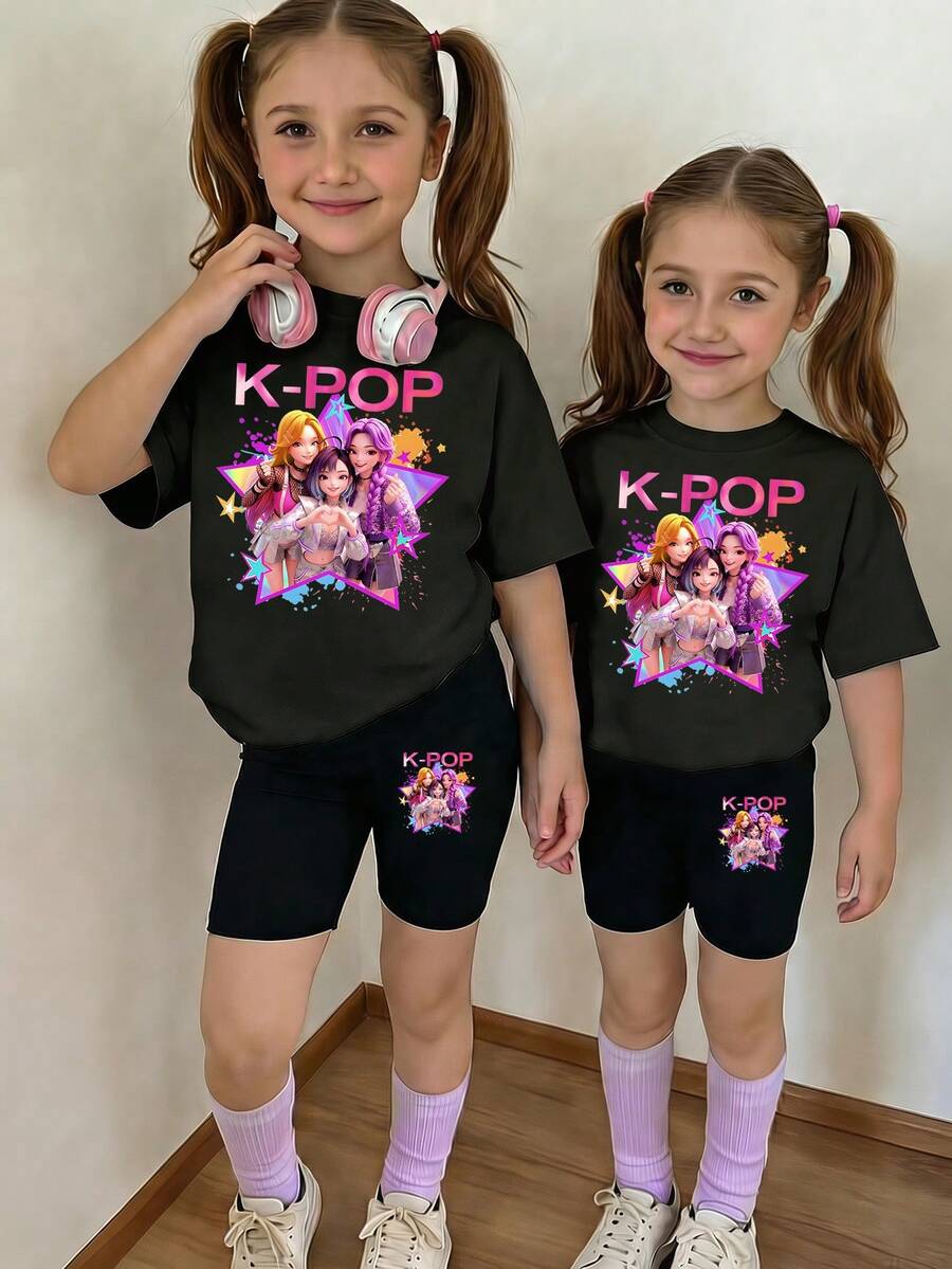 Young Girls' Casual Cartoon Print T-Shirt Set