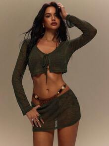 TypaGal Women's Summer Bikini Cover-Up Beach Night Out Vacation Club Knitted Long-Sleeved Cardigan Tie-Up Y2k Sexy Casual Olive Green - Green - View 4