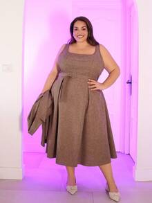Pretty and Ole Plus Size Solid Color Single-Breasted Long Sleeve Blazer And Dress Elegant Suit Set In Spring - Khaki - View 6