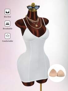 Amplova Vestido mini ajustado de mujer con capa de unicolor, acolchado y con tirantes - Blanco - Ver 7