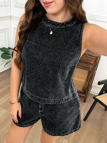 SHEIN LUNE Plus Size Women Casual Smart Casual Vest And Shorts 2 Pieces Set Vacation Dark Wash Summer Black Shorts - Black - View 2
