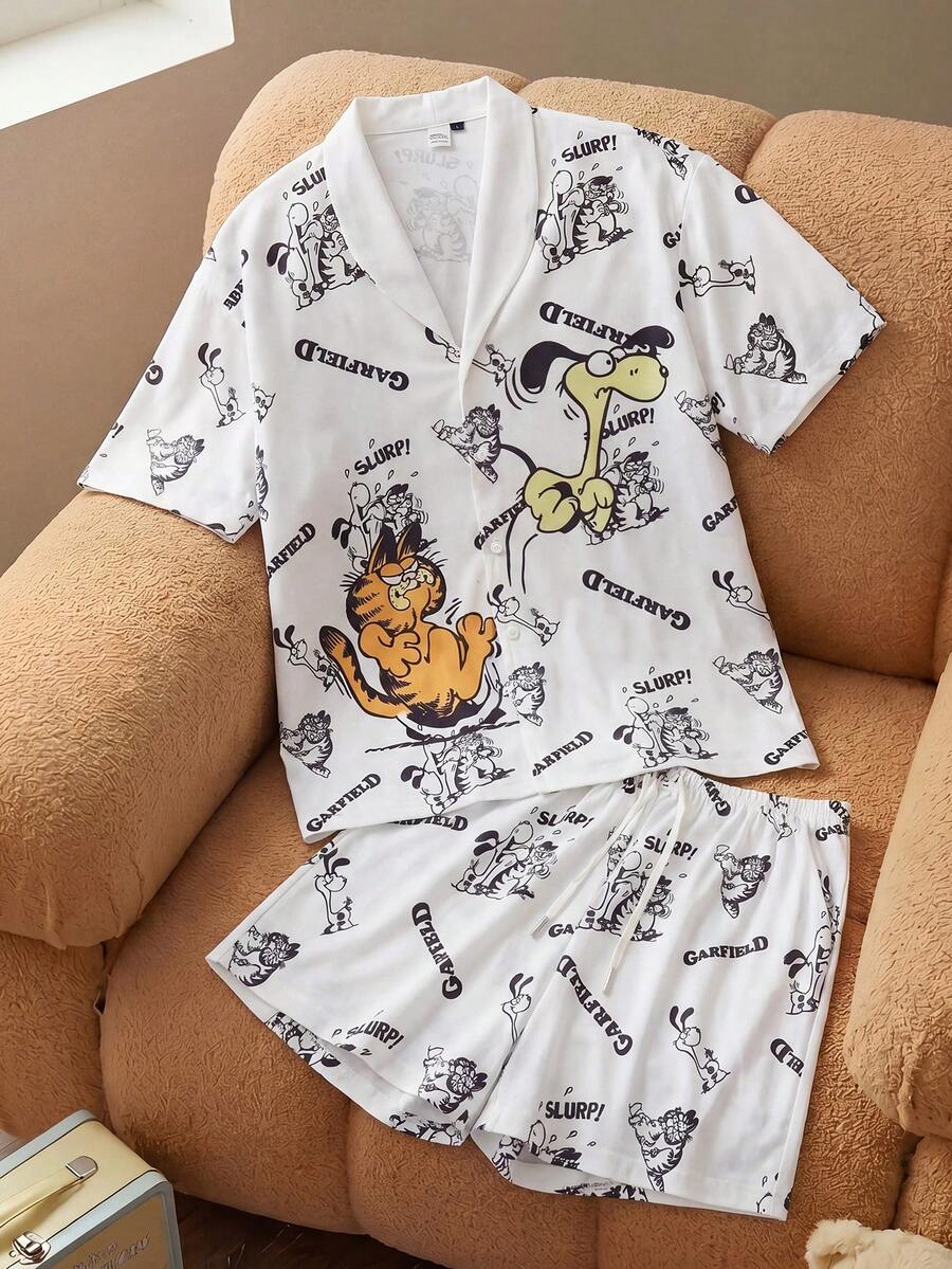 GARFIELD | SHEIN Cartoon Print Short Sleeve Top And Shorts Pajama Set For Men - White - View 1