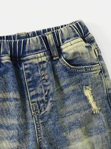 SHEIN 两件套男婴复古蓝色牛仔破洞外套和弹力修身裤套装 - 中等水洗藍 - 查看 4