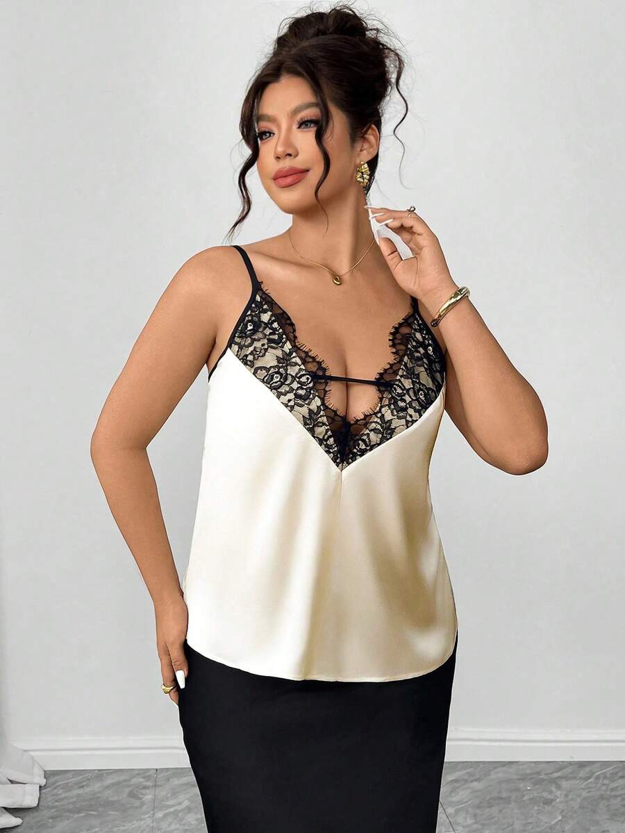 Elenzga Áo hai dây satin bóng phối ren dành cho nữ cỡ lớn, gợi cảm, thanh lịch, sang trọng, thích hợp cho kỳ nghỉ, màu mơ. - Màu be - Xem 1
