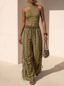 Zivah 2026 Spring/Summer New Bohemian Style Loose Drawstring Waist Side Pocket Wide Leg Pants With Floral Retro Print, Green - Green - View 2