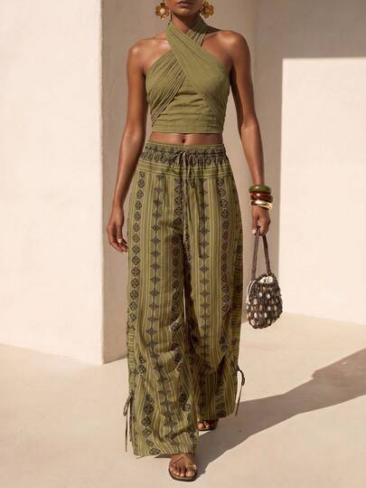 Zivah 2026 Spring/Summer New Bohemian Style Loose Drawstring Waist Side Pocket Wide Leg Pants With Floral Retro Print, Green