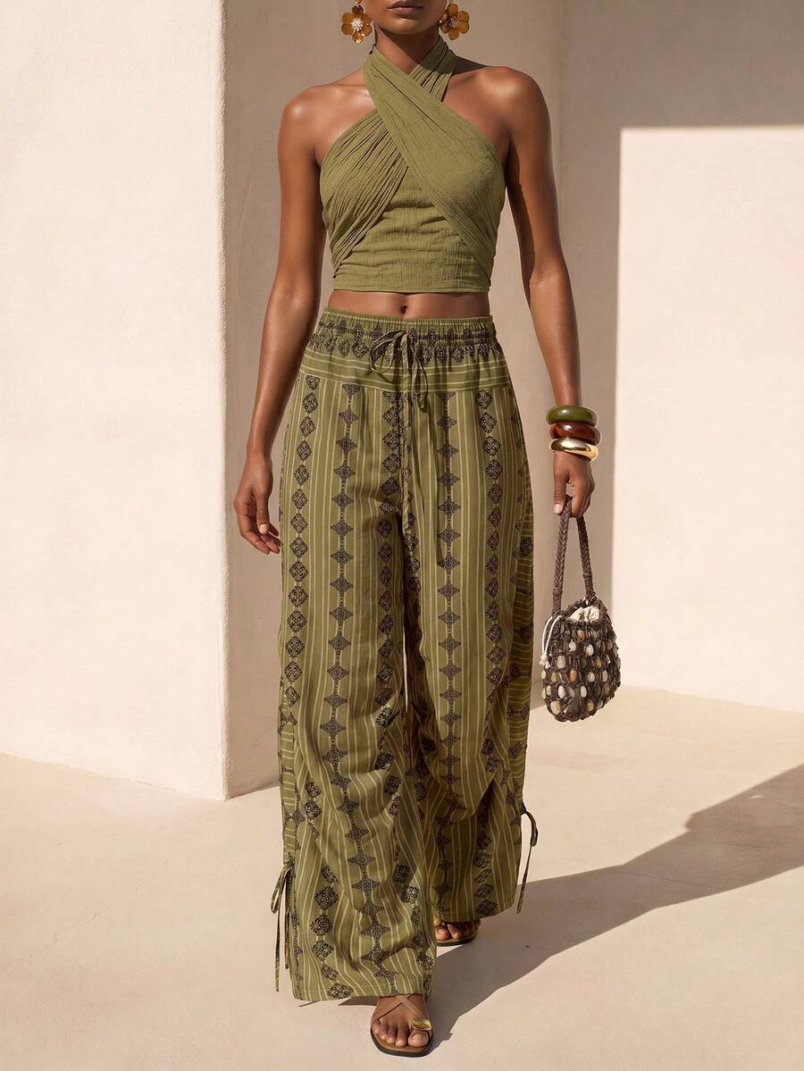 Zivah 2026 Spring/Summer New Bohemian Style Loose Drawstring Waist Side Pocket Wide Leg Pants With Floral Retro Print, Green