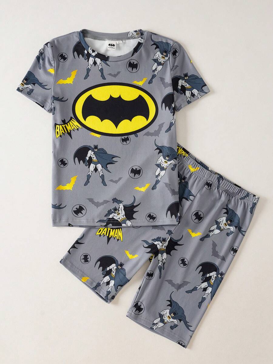 BATMAN X SHEIN 85th 男童卡通印花圆领短袖上衣和短裤休闲家居服套装 - 灰色 - 查看 1