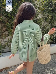 Emery Rose Kids Áo sơ mi thường ngày kẻ sọc dệt họa tiết nơ dành cho bé gái - màu xanh lá - Xem 5