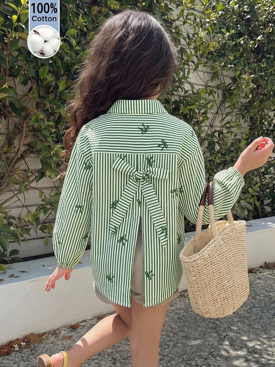 Emery Rose Kids Áo sơ mi thường ngày kẻ sọc dệt họa tiết nơ dành cho bé gái - màu xanh lá - Xem 1