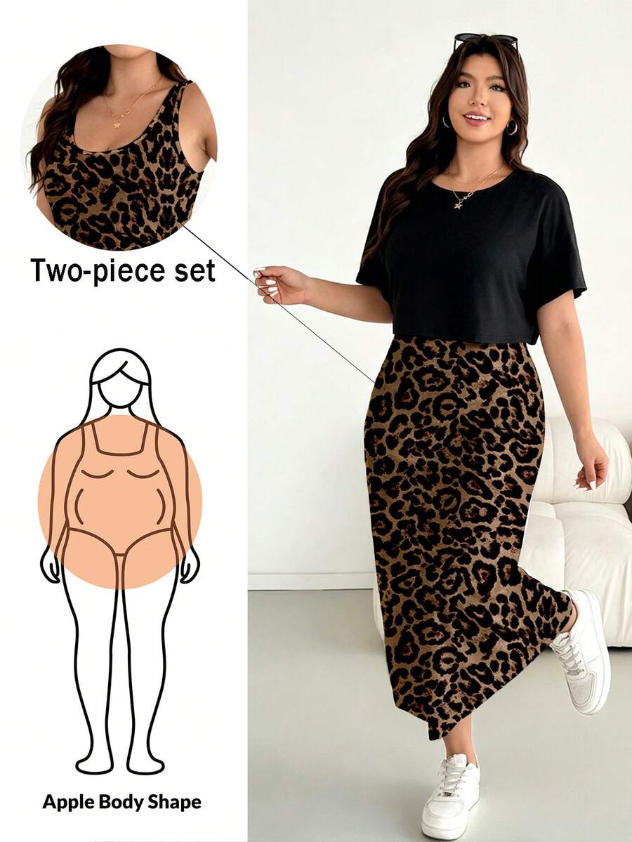 Shapeblank Bộ 2 món gồm áo thun ngắn tay màu đen in họa tiết da báo và váy không tay, cỡ lớn dành cho nữ, thích hợp cho mùa hè. - Nhiều màu - Xem 1
