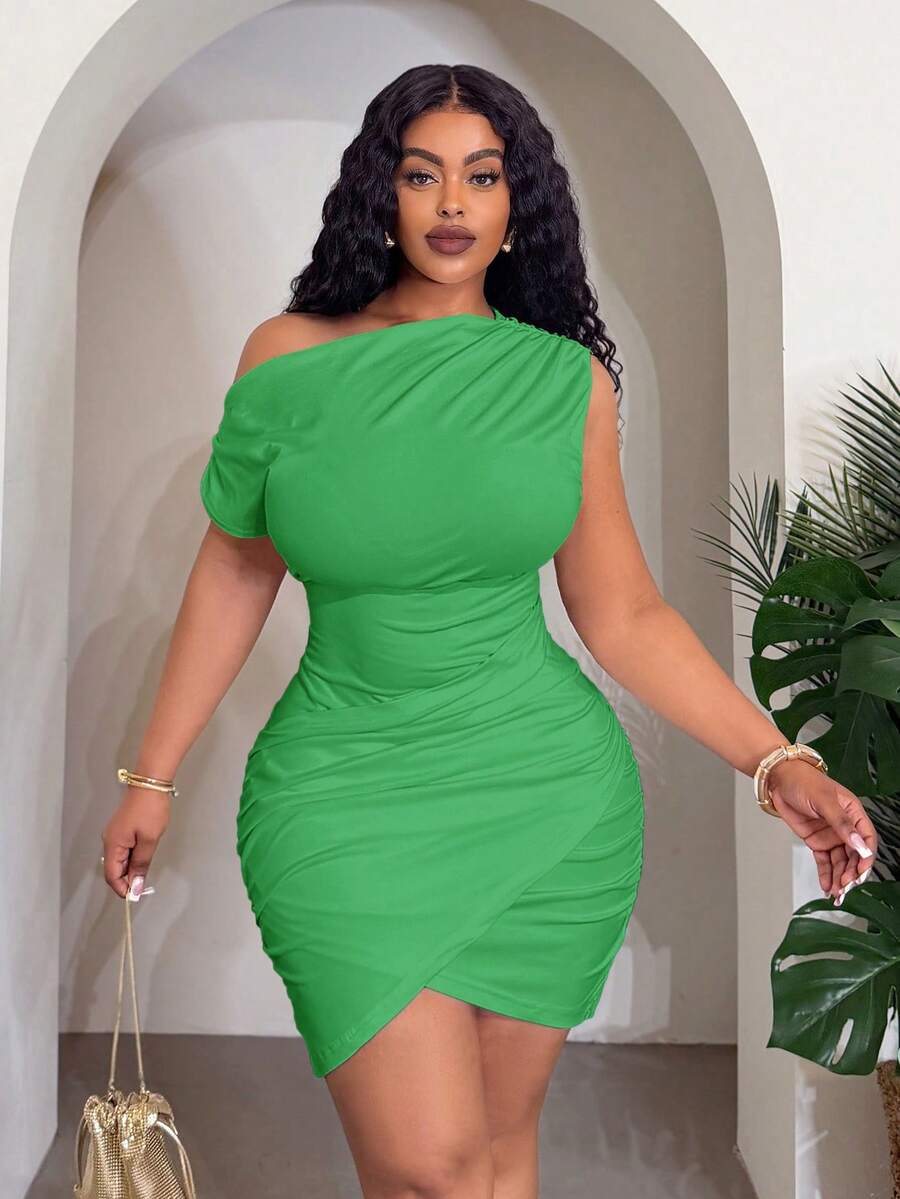 Slaydiva Nuevo vestido mini de primavera/verano elegante y para fiesta y citas y temporada de bodas y graduación y cumpleaños y cenas familiares y cenas a la luz de las velas, de tela elástica de punto con volantes asimétricos sin mangas y talle alto, talla grande, color blanco sólido - Verde - Ver 1
