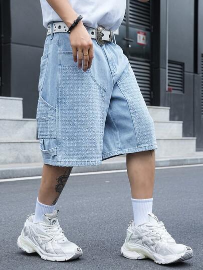 Chillumni Men's Casual Street Style Embroidered Patch Multi-Pocket Denim Blue Cargo Shorts
