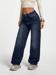 SHEIN PETITE Petite LOW WAIST CASUAL STYLE DENIM STRAIGHT Back-To-School School Dark Blue Autumn - Dark Wash - View 4