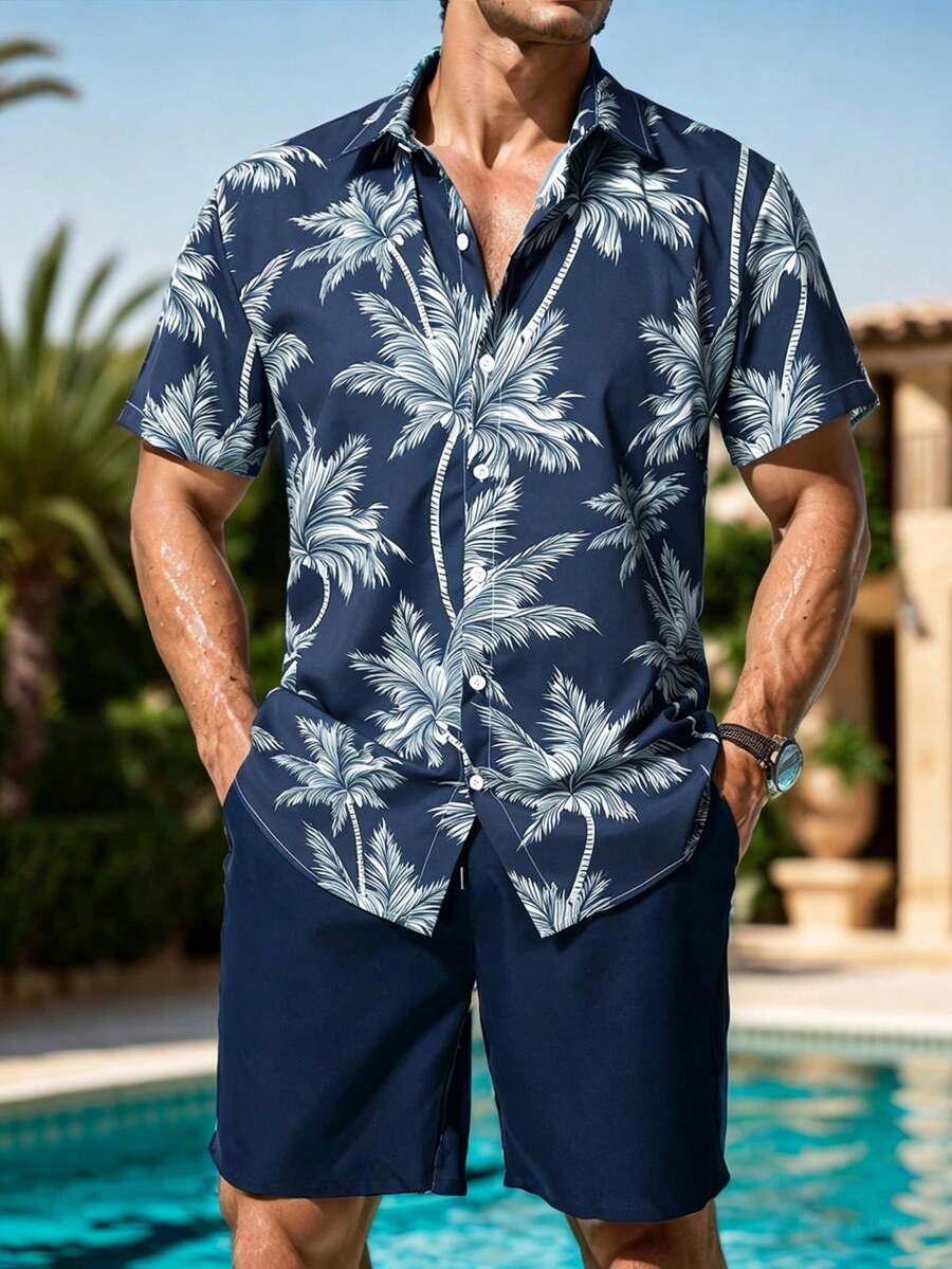 Manfinity RSRT Men's Summer Vacation Coconut Tree Print Button-Front Shirt And Shorts 2 Pieces Set, Holiday - Multicolor - View 1