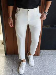 Manfinity Mode 男士修身白色西裝長褲，商務休閒夏季正式長褲，純色辦公穿搭，百搭鈕扣細節，適用於日常、通勤與儀式 - 米色 - 查看 5