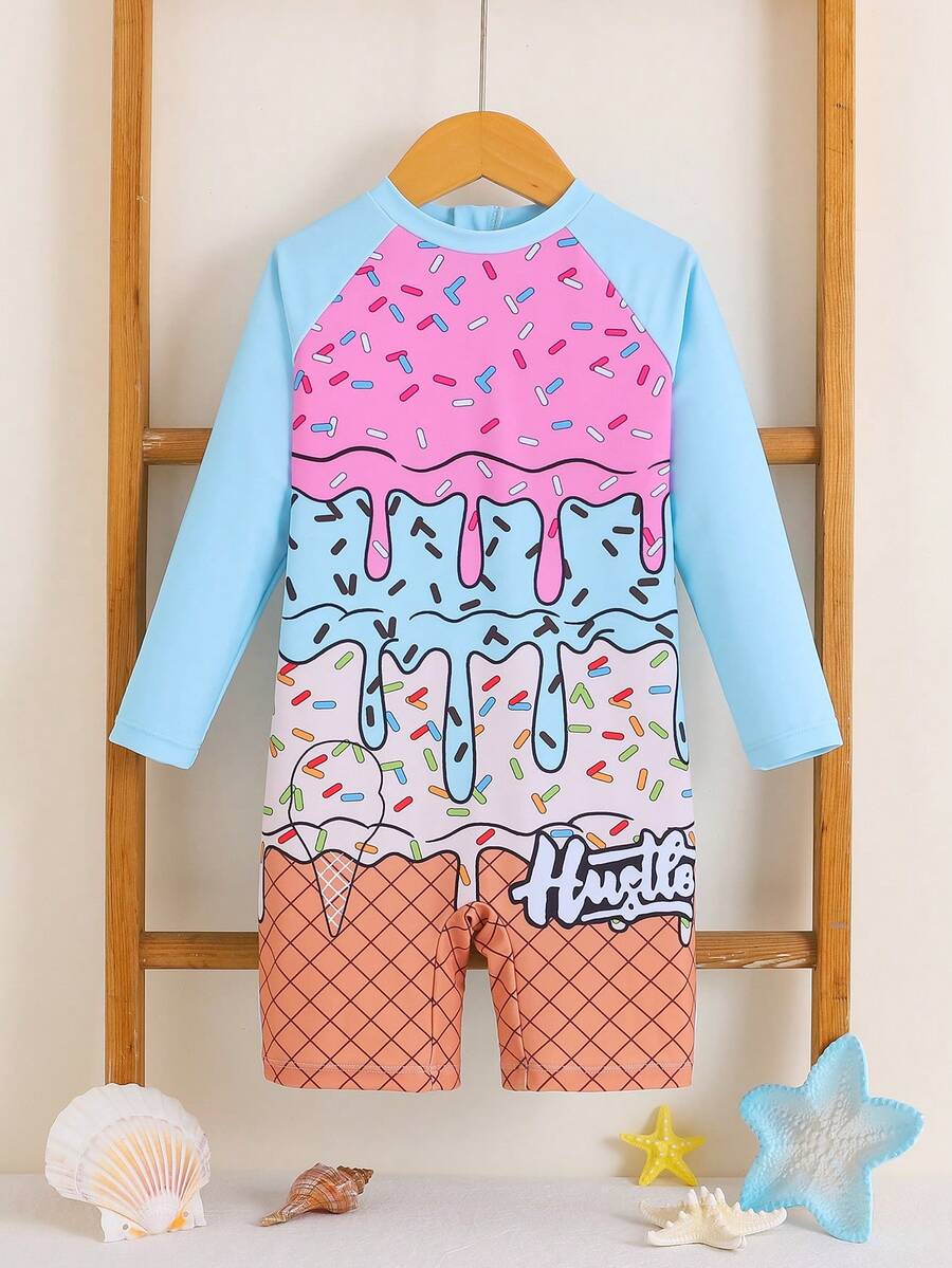 SHEIN 1 bộ đồ bơi liền thân dệt kim kiểu dáng thường ngày, chất liệu mềm mại, họa tiết kem tươi, tay áo phối màu, thích hợp cho bé trai, mùa hè. - Nhiều màu - Xem 1