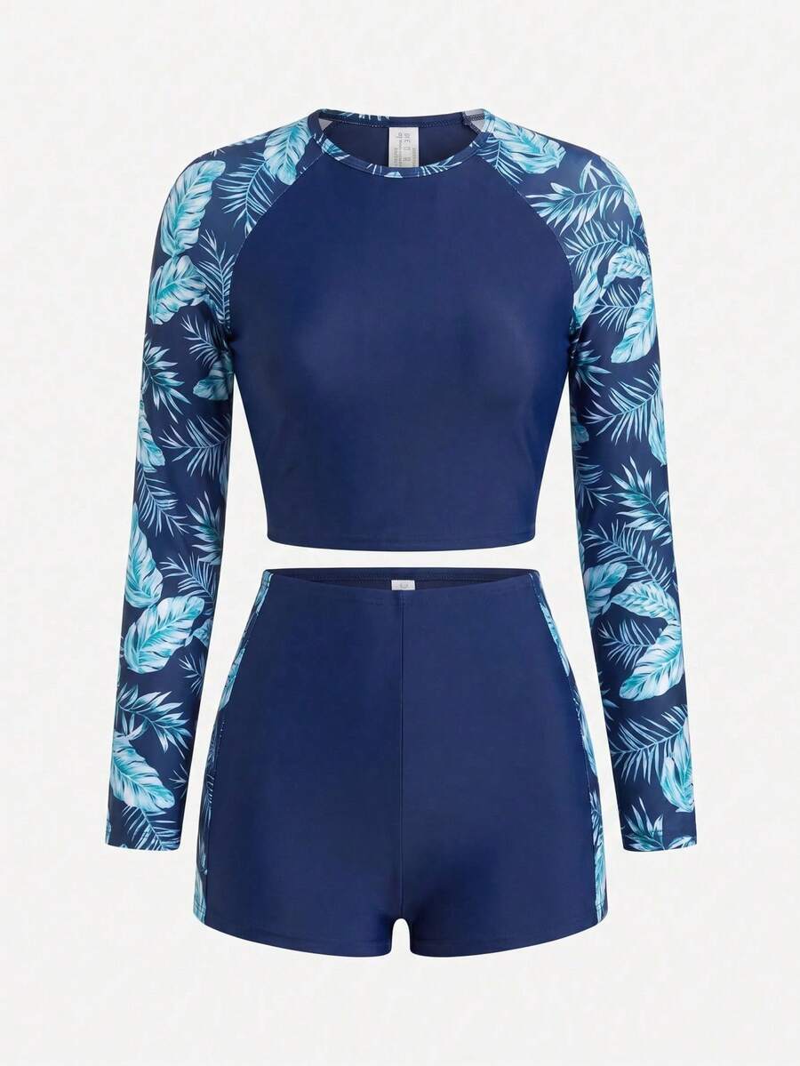 SHEIN Bộ đồ bơi 2 mảnh Tankini và quần short họa tiết cây nhiệt đới tay áo Raglan cho bé gái tuổi teen - Màu xanh hải quân - Xem 1