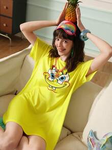 Chillnights SpongeBob SquarePants | SHEIN Graphic Round Neck Women Nightgown - Yellow - View 4