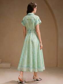 Anewsta Tall Vestido midi elegante de color verde claro con cuello de strass, manga corta y cintura con lazo para vacaciones, para mujeres, primavera/verano, mujeres altas - verde menta - Ver 7