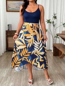 Weeklong Summer New Arrival Women's Tropical Print Spaghetti Strap A-Line Dress, Fashionable Vacation Style - Navy Blue - View 3