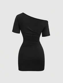 Sweetra New Spring/Summer Asymmetric Neck Short Sleeve Cinched Waist A-Line Mini Dress, Suitable For Parties And Outings - Black - View 2